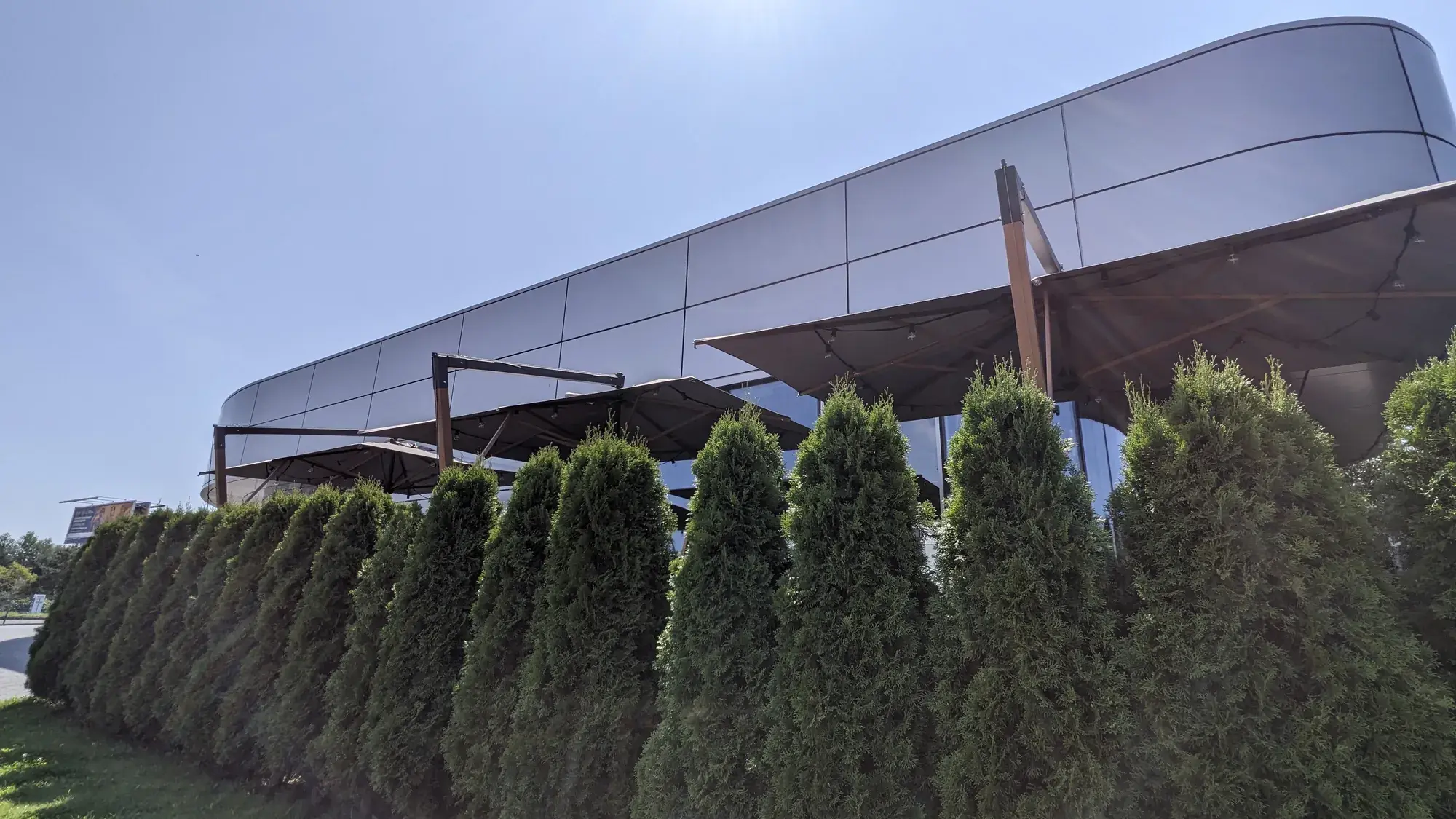 Torino Braccio parasols over the La Squadra terrace, seen from behind a thuja hedge
